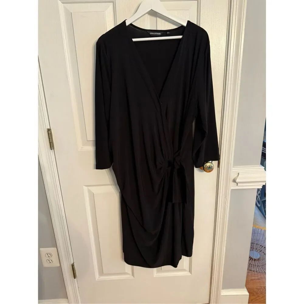 Nina Leonard Black Side Tie Ruched Wrap V-Neck Long Sleeve Dress sz 2X NWOT
